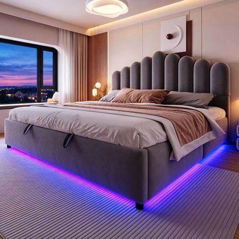 Polsterbett 180x200 cm mit gepolstertem Kopfteil, LED, grauem Samt OKMYHOME (1/5)