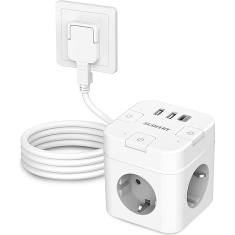 Cube de prise 6 en 1 avec USB C, 3 prises, prise plate avec interrupteur individuel, multiprise cube avec câble de 2 m, 1 multiprise USB de type C pour bureau, maison, voyage (blanc) (1/5)