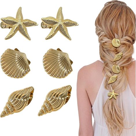 Lot de 6 Pince Cheveux Dorées Mer, Coquillage étoile de Mer Conque Barettes Cheveux Femme, Barrette Accessoires Bohèmes D'été pour Femmes Filles, Sirène pour Plage et Fêtes Hawaïennes (1/5)