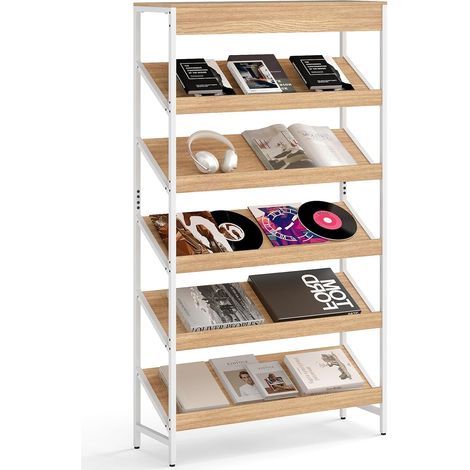 COSTWAY Libreria a 6 Ripiani, Scaffale Inclinato con Struttura Metallica, Porta Giornali Industriale in Legno, Organizer per Soggiorno Camera da Letto Studio, 90x30x161 cm (Naturale) (1/5)