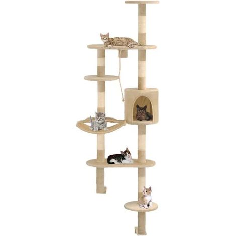 Arbre à chat mural avec poteau à griffer en sisal, 194 cm, beige