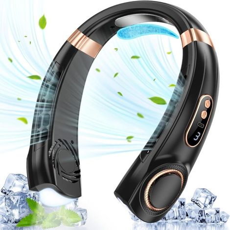 Ventilateur Cou Sans Pales – 360° – 5 Vitesses – LED – USB – Noir – Intérieur/Extérieur – Écran Batterie (1/5)