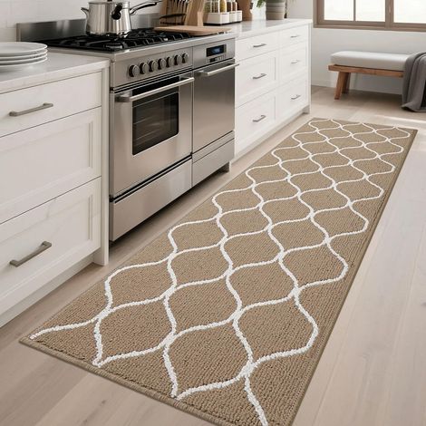 Tapis de Cuisine Antidérapant, 60 x 180 cm Tapis de Cuisine Devant Evier, Anti-salissures, Lavable en Machine pour Cuisine, Buanderie, Entrée, Couloir, Beige (1/5)