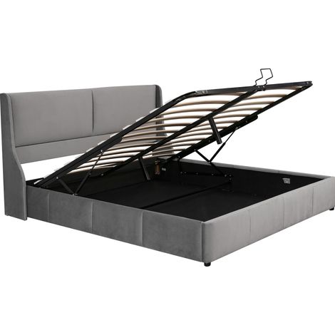 Lit coffre hydraulique 160 x 200 cm gris en velours avec tête de lit à oreilles MODENUIT (1/5)