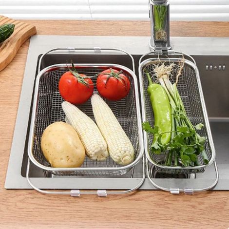 Vidange Rétractable en Acier Inoxydable, Poignées Ovales, Passoire, Évier, Égouttoir à Légumes, Panier de Rangement pour la Maison (1/4)