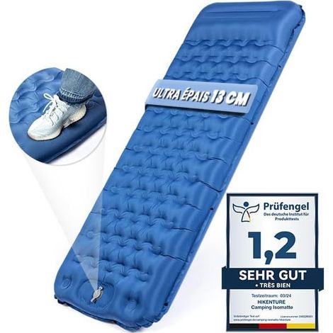 Matelas Camping Autogonflant 13cm avec Coussin - Léger et Compact - Pompe à Pied Intégrée - 1 personne pour Camping, Trekking, Bivouac et Plage - Bleu (1/5)