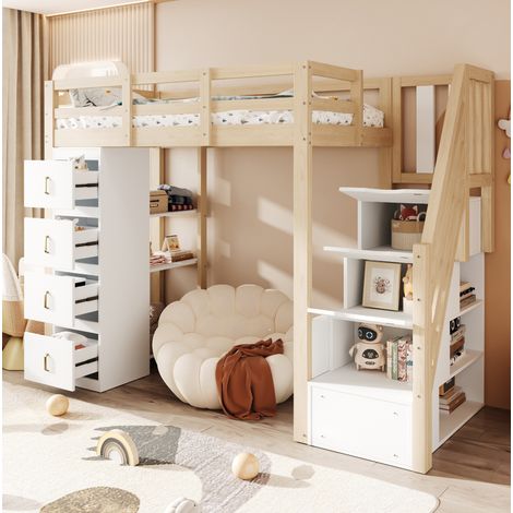 REDOM - Lit mezzanine 90x200 avec 4 tiroirs, étagère 3 niveaux, échelle sécurisée, bois, bois naturel (Sans matelas) (1/5)