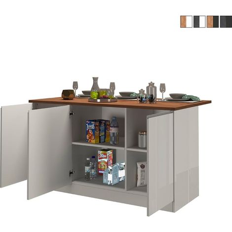 Isla central 3 puertas para cocina moderna 155x90x90cm con mesa Deaton - Blanco - Roble (1/5)