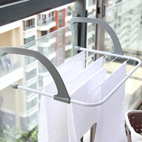 Étendoir à linge portable et pliable, multifonctionnel, pour balcon, rambarde ou rebord de fenêtre, gris (1/4)