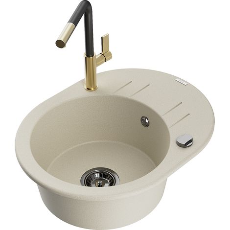 Mexen Kevin 1 Becken-Granitspüle mit Abtropffläche und Mischbatterie Flora, Beige - 6517-69-670401-5 (1/5)