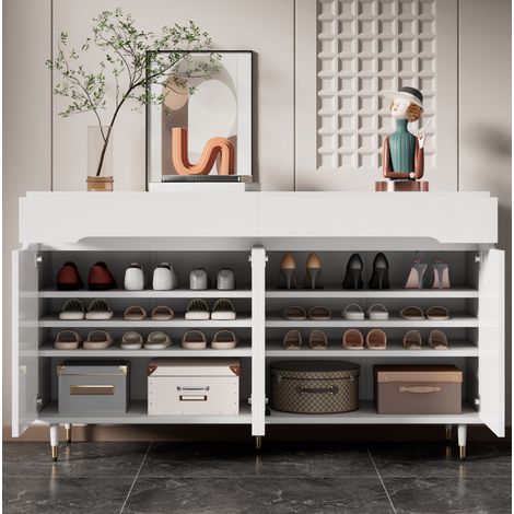 Meuble chaussures 140 x 39 x 84 cm, 2 portes, 2 tiroirs, blanc et doré DESVIAE (1/5)