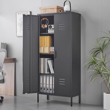 Armoire de rangement métallique noire haute avec 2 portes et étagères réglables, meuble utilitaire multifonctionnel pour bureau à domicile, buanderie et garage