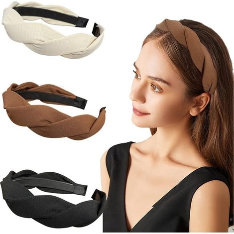 Confezione da tre eleganti fasce per capelli in tinta unita, fasce larghe intrecciate per donne/ragazze/fasce in tessuto dentellato. (1/3)