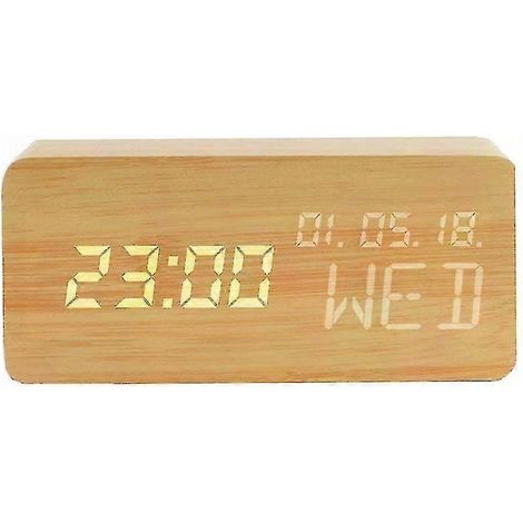 Réveil en bois avec commande vocale, horloge de chevet numérique à LED, réglage de la luminosité sur 3 niveaux et 3 alarmes petite horloge de bureau pour chambre à coucher. (1/5)