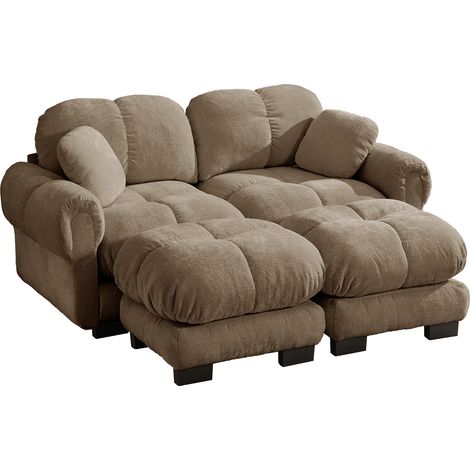 ELVMI Divano Modulare 2 Posti con Pouf Mobile, Cuscini Spessi Trapuntati e Cuscino, in Ciniglia Marrone (1/5)