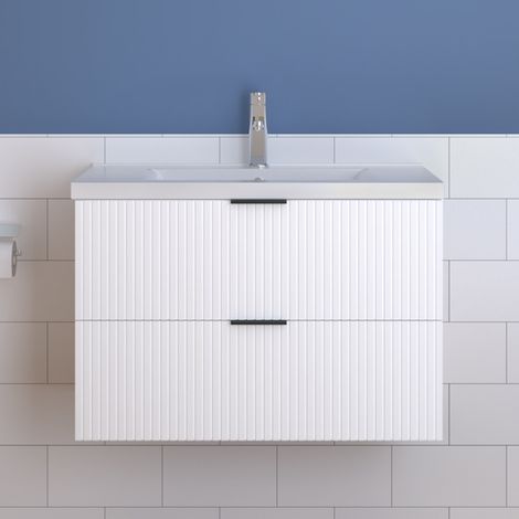 Badmöbel Schubladen Unterschrank Waschtisch mit Keramik Waschbecken Weiß 80cm