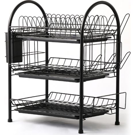Égouttoir à vaisselle à 3 niveaux en acier avec plateau égouttoir amovible, porte-ustensiles et porte-tasses pour plan de travail de cuisine.