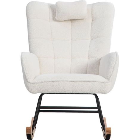 Fauteuil à Bascule - 1 Place - Confort Moelleux - Bouclé - Repose-Pieds Inclus & Dossier Réglable - 49 x 38 x 38 cm - Lounge - Blanc (1/5)