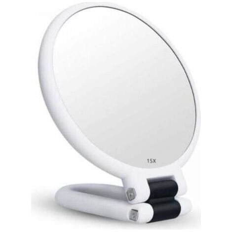 [Miroir de Maquillage] Miroir grossissant 15x pliant double face avec poignée, en verre optique, design 3-en-1 portable, dimensions de poche, miroir teinté pour coiffeur et détails.