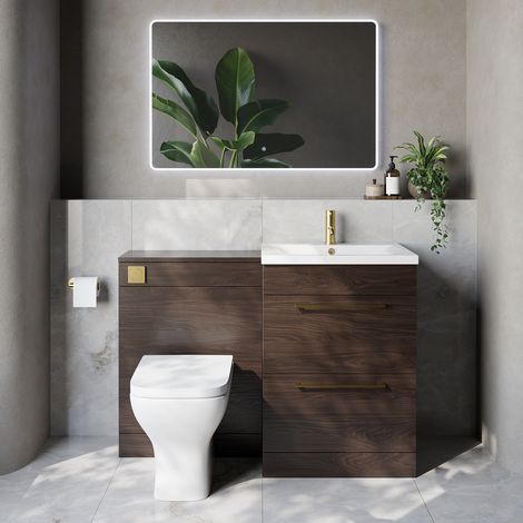 Napoli 460 Cento Brown Oak 1200mm 2 Drawer Vanity Unit Toilet Suite with Glide Basin - 1200mm - Brushed Brass 320mm HandleWith Kingston Toilet Pan and Seat