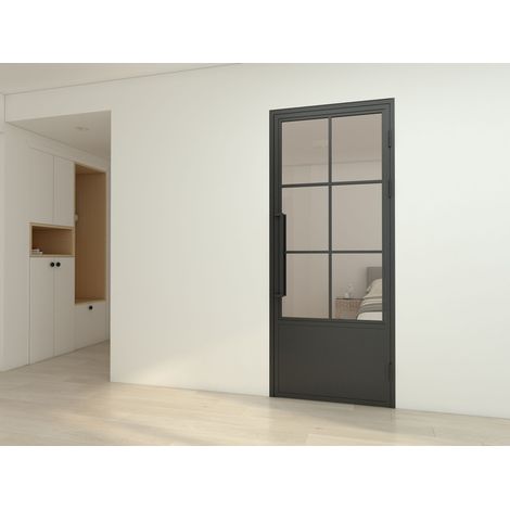 Porte verrière intérieure 83 x 204 cm, bloc porte Loft, verre transparent, style atelier soubassement noir 6 fenêtres, ouverture tirant droite