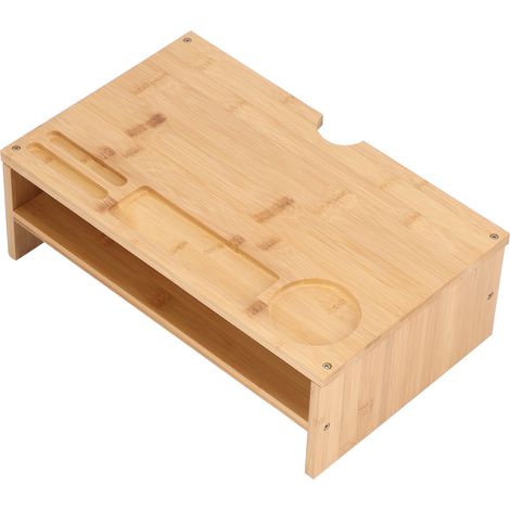 Support d'écran large réglable pour moniteur PC, bureau surélevé double étagère pour ordinateur portable, couleur naturelle, robuste (emballage renforcé avec mousse aux coins). (1/5)