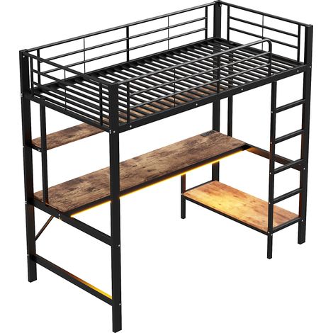 CAIziLit mezzanine 90x200 cm métal, bureau, étagères, LED USB prise, noir (1/5)