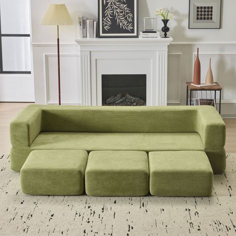 Ensemble Canapé de Sol Modulable avec 3 Poufs 201x75,5x20 cm Vert - Canapé en Tissu Chenille et Mousse Haute Résilience pour Studio et Bureau (1/5)