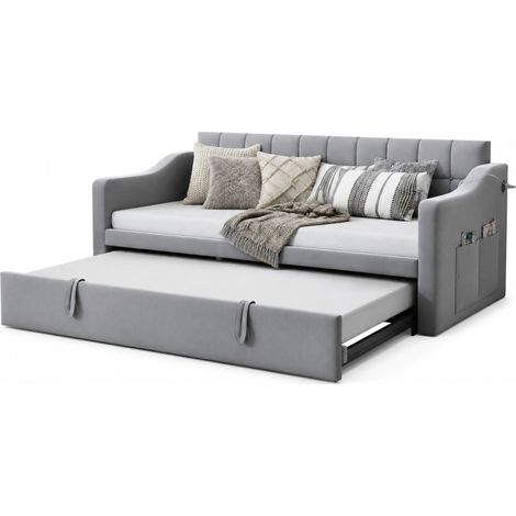 Canapé-lit extensible 90x190 cm en velours gris clair, avec ports USB intégrés, sommier métal et bois, idéal petit espace, chambre d'amis et salon  CHICFURN (1/5)