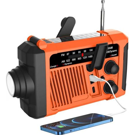 (orange) Radio météo d'urgence (modèle P96) AM FM, solaire/manivelle/chargement USB, fonctionne avec piles, alarme SOS/lampe de poche/lampe LED pour urgence extérieure (1/5)