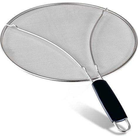 protector antisalpicaduras de 33 cm, acero inoxidable, malla fina, mango de TPR, 4 patas, sartén. (1/5)