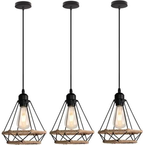 U-DO LOT DE 3 Suspension Filaire Vintage 2124CM Lustre en Corde de Chanvre Rétro Ajustable Plafonnier Intérieur Industriel (1/4)