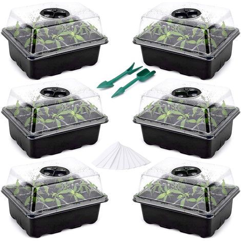 Caja de propagación, 6 unidades, 72 celdas, para invernadero de interior, con tapa y ventilación para plántulas, color negro (1/5)