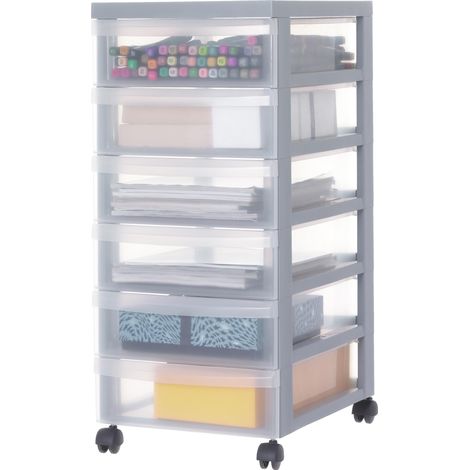 Tour de rangement à Roulettes en Plastique, 6 Tiroirs, Gris, Ouverture Facile, Meuble de Rangement, Papeterie, pour Chambre, Salle de Bain, École (1/5)
