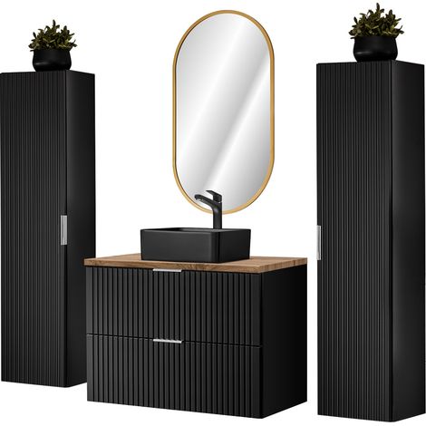 Badezimmer komplett Set, mit 2 Hochschränken, Keramik Waschbecken und ovalem LED Spiegel, schwarz matt mit Eiche Nb., Front gerillt, ADELAIDE-56-BLACK, B/H/T ca. 180/200/46,5 cm (1/5)