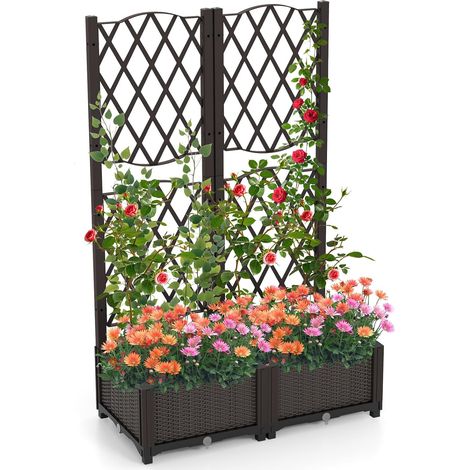 Jardinière avec Treillis sur Pied, Double Bac à Fleur Auto-arrosage en Rotin PP avec Maille Diamant Trou de Drainage, (80 x 40 x 122 cm) (1/5)