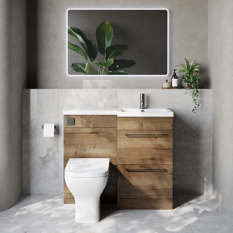 Napoli 390 Tobacco Oak 1000mm 2 Drawer Vanity Unit Toilet Suite with Right Hand Square Lucia Basin - 1000mm - Gunmetal Grey 320mm HandleWith Kingston Toilet Pan and Seat