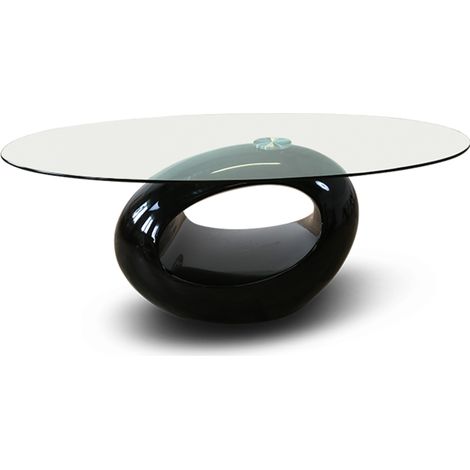 Designetsamaison – Table basse fixe noire ovale en verre trempé 112x68x36cm – Design unique avec courbures – Pour salon moderne