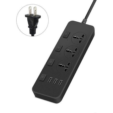 Multiprise parafoudre 5V 2,1A US/EU avec 3 ports USB et 3 prises de courant, charge rapide - Noir