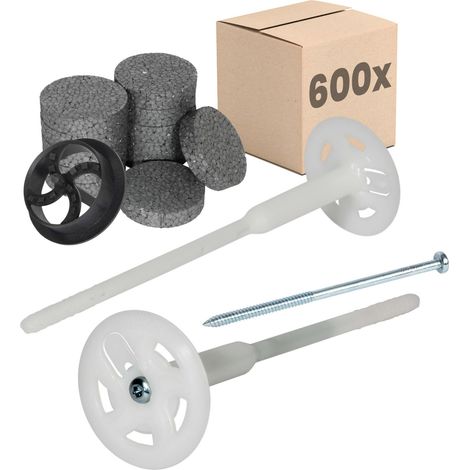 PROTEKTOR Dämmstoff-Schraubdübel WDVS Dübel für Fassadendämmung - 26cm, 600 Dübel + 600 Rondelle + 1 Fräser, Weiß