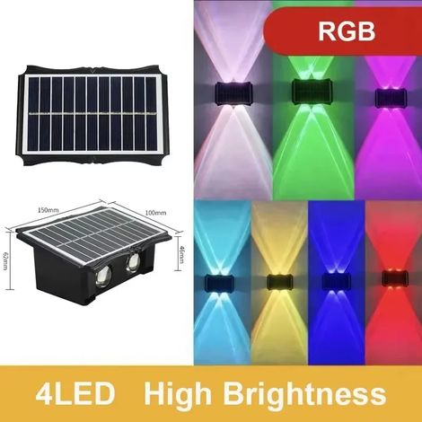 (1 lampe LED RGB 4 LED - 1 pièce) Lampe solaire d'extérieur étanche à LED, éclairage mural solaire vers le haut et vers le bas, compatible avec les porches, garages, cours, terrasses et jardins. Éclai (1/5)