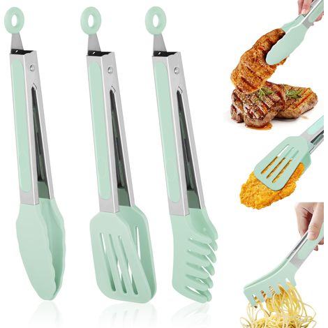 3 Pièces Pince Cuisine Silicone, 27 cm Pince Barbecue Inox en Acier Inoxydable avec 3 Crochets, Silicone Résistantes (230 °C), Pince de Cuisine pour Cuisson, Salade, Pâtes (1/5)