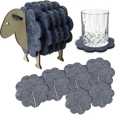 Filzuntersetzer mit Schafmotiv – 6er-Set – Glasuntersetzer mit schafförmigem Holzsockel – Grau (1/5)