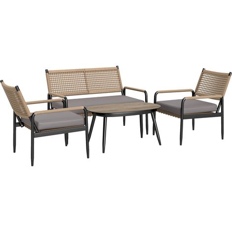 Salon De Jardin En Polyrotin Avec Canapé 2 Places, Fauteuils, Table En Verre Et Coussins Pour 4 Personnes – Gris Foncé + Jaune (1/5)