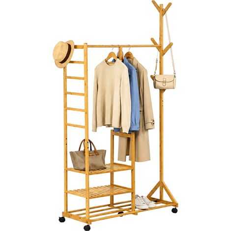 Relaxdays clothes rack with castors, bamboo, 4 shelves, 6 hooks, HxWxD: 176 x 100 x 38 cm, natural (1/5)