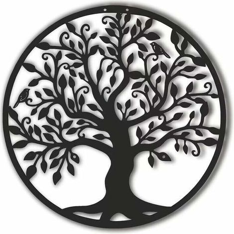 Tenture murale arbre de vie en métal noir mat 30 x 30 cm – Revêtement en poudre statique – Installation facile avec cintre caché (1/3)