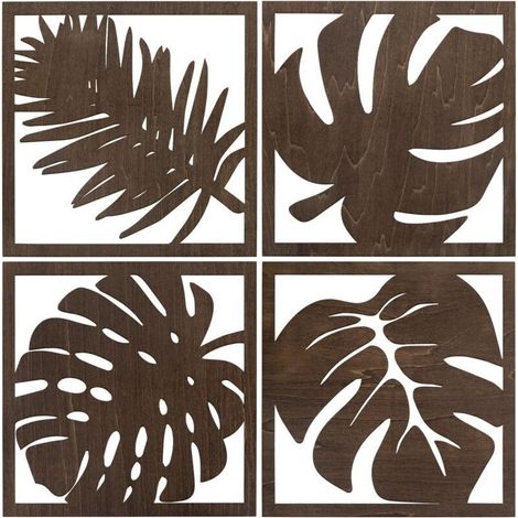 Décoration murale tropicale en bois, feuilles de palmier botaniques creuses avec cadre (noir) (1/4)