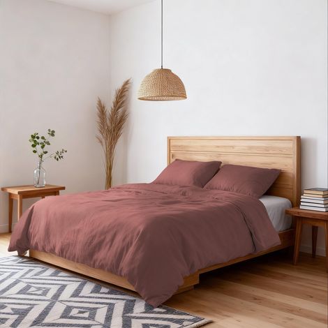 Housse de Couette Double Effet Water Washed, Parure de Couette : Housse 250x200 cm avec Rabat et Paire de taies d’Oreiller – Rouge Corail (1/5)