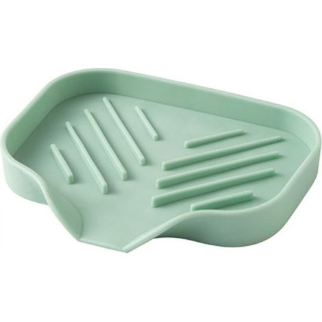 Porta spugna in silicone verde chiaro, dimensioni 12,5 x 10 x 1,7 cm, con vassoio portaoggetti per lavello e spazzolino per sapone inclusi, adatto per cucine e bagni.