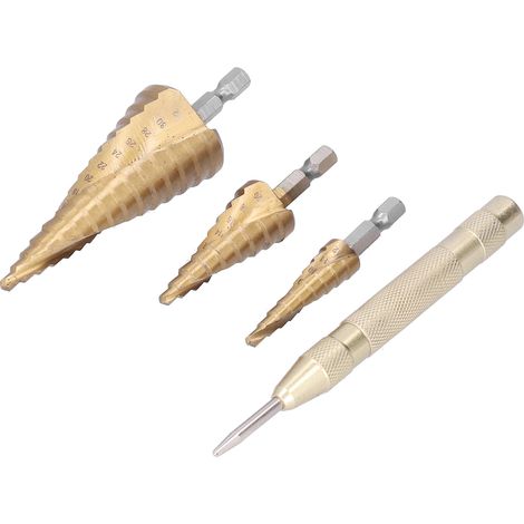 3-teiliges Stufenbohrer-Set, metrisch, Profi-Kegelbohrer, HSS-Sechskantschaft, 4–32 mm + automatischer Zentrierstempel, Spiralform (1/5)